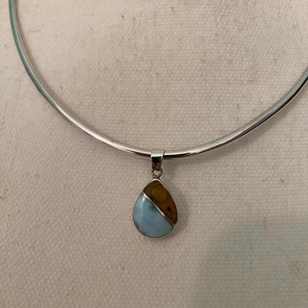 Amber Larimar Pendant Sterling Silver Collar Necklace